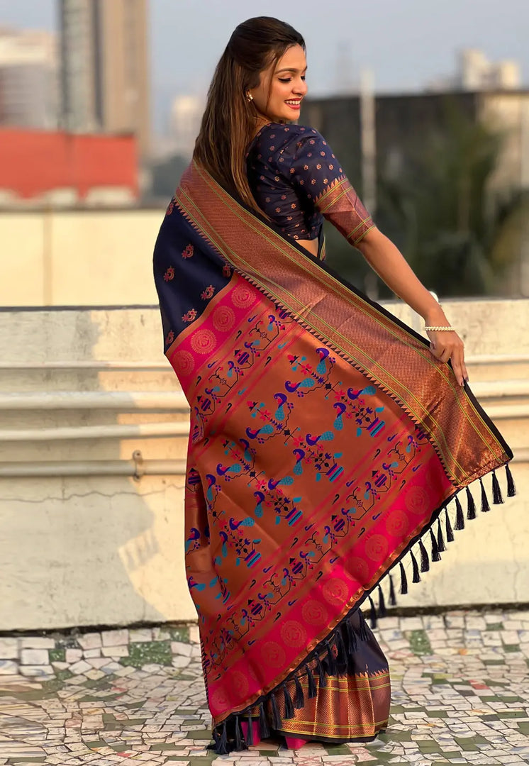 Navy Blue Silk Saree With Blouse