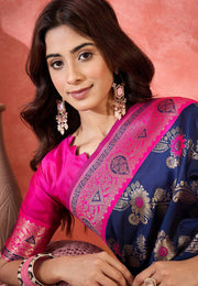 Navy Blue Silk Saree With Blouse