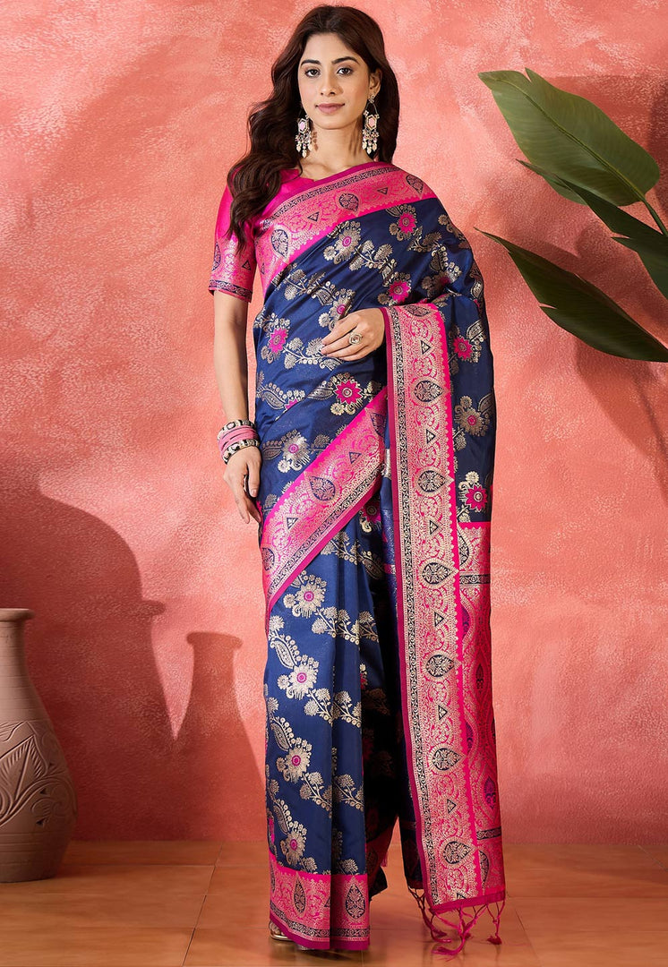 Navy Blue Silk Saree With Blouse