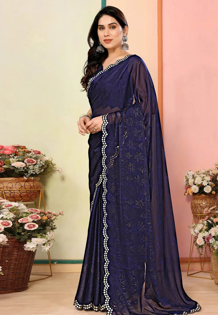 Navy Blue Silk Saree With Blouse