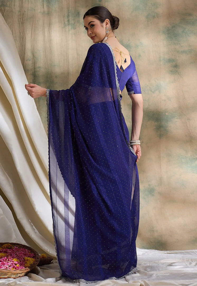 Navy Blue Silk Saree With Blouse