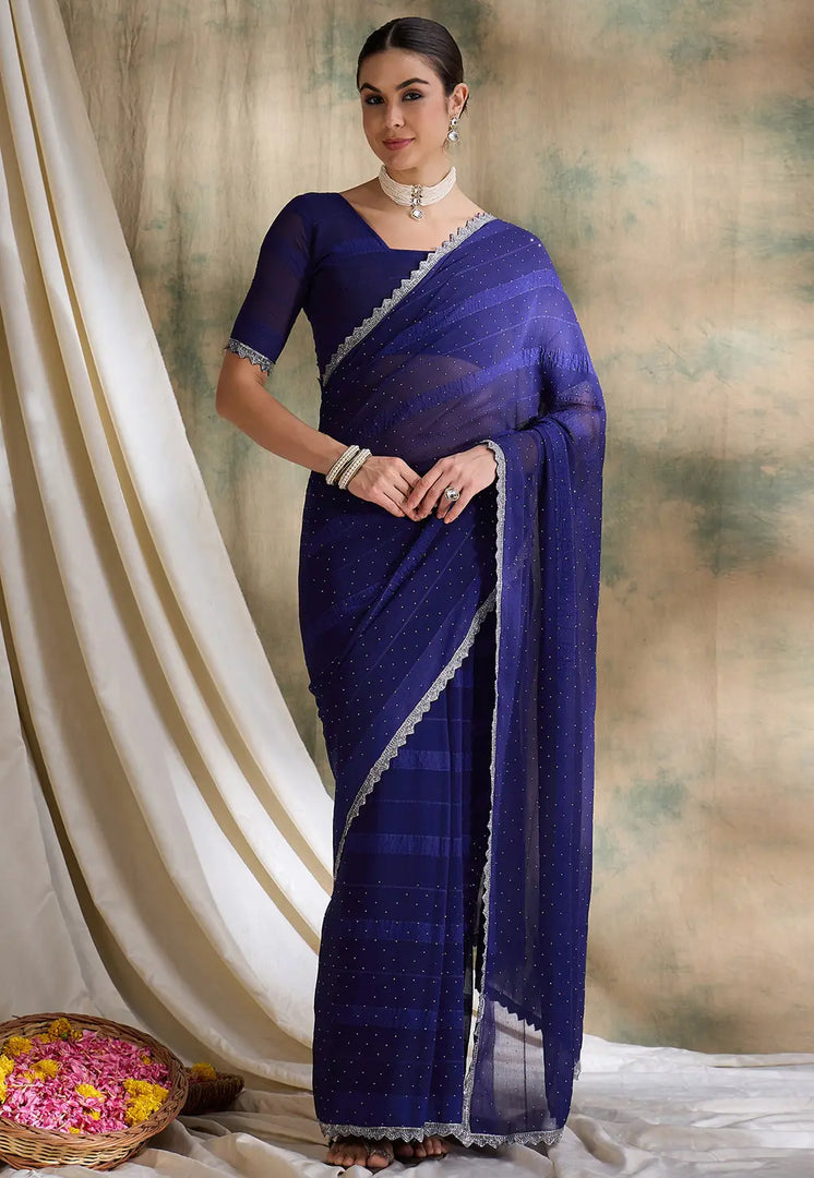 Navy Blue Silk Saree With Blouse