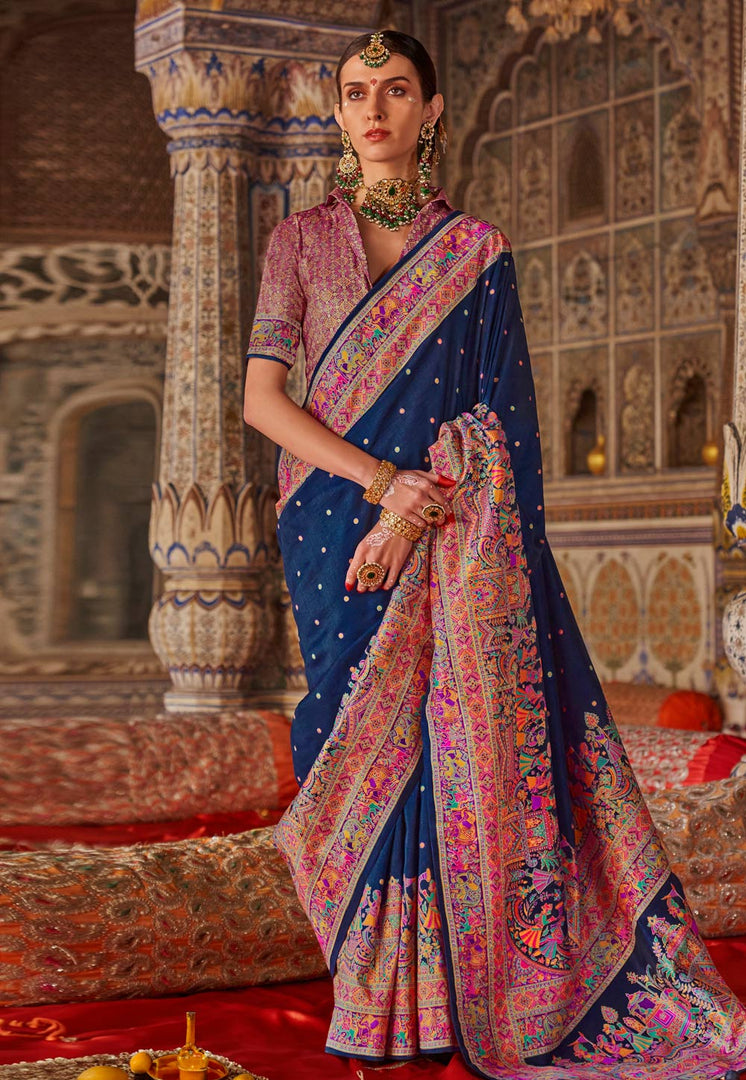 Navy Blue Silk Saree With Blouse