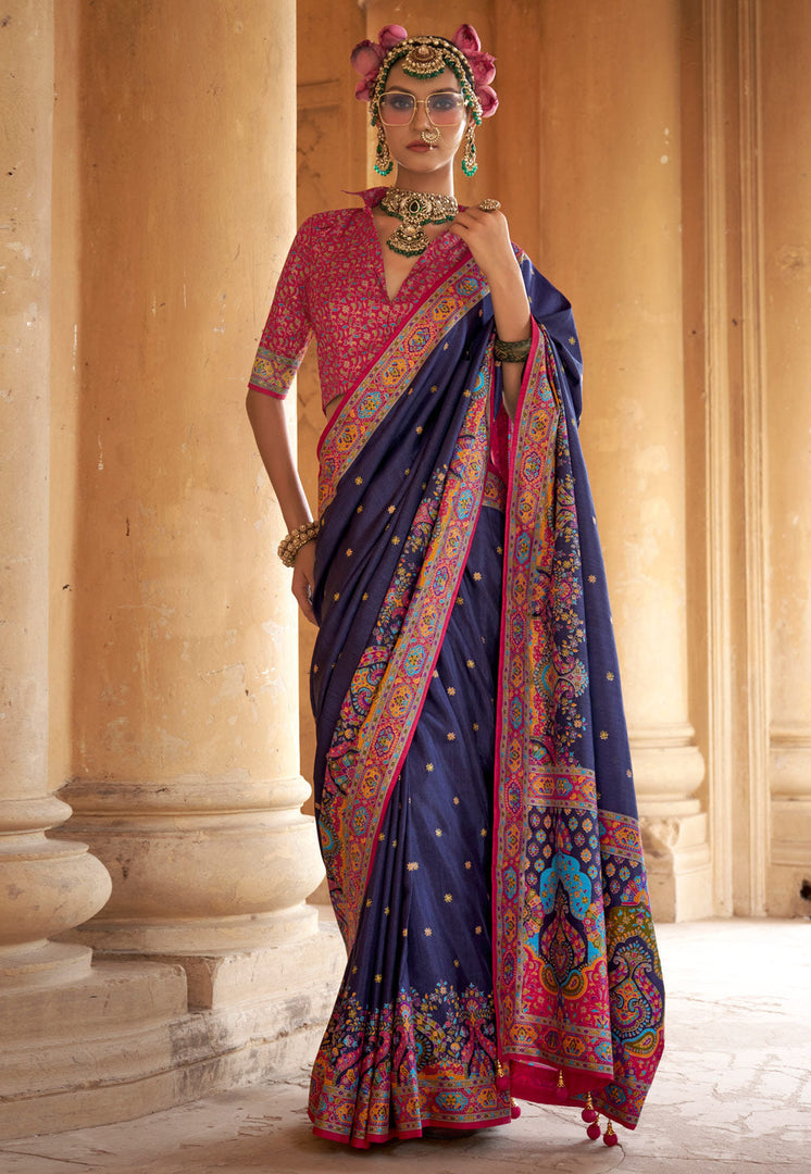 Navy Blue Silk Saree With Blouse