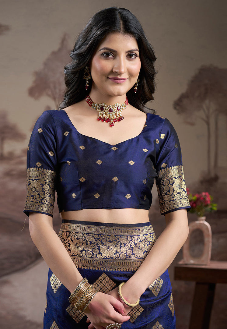 Navy Blue Silk Saree With Blouse