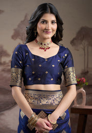 Navy Blue Silk Saree With Blouse