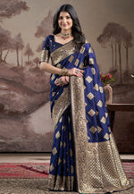 Load image into Gallery viewer, Navy Blue Silk Saree With Blouse