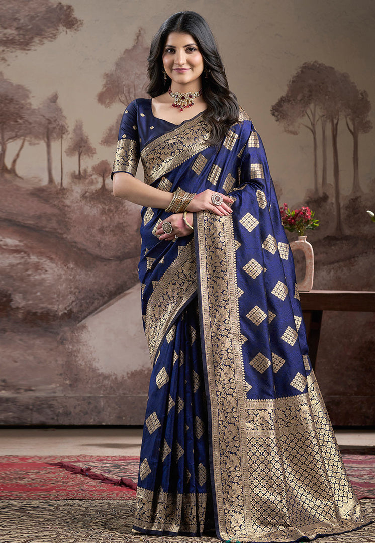 Navy Blue Silk Saree With Blouse