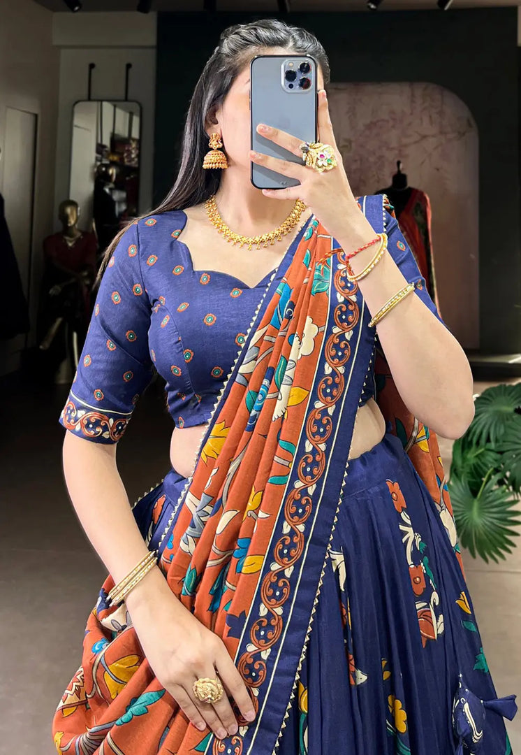 Navy Blue Tussar Silk Circular Lehenga Choli
