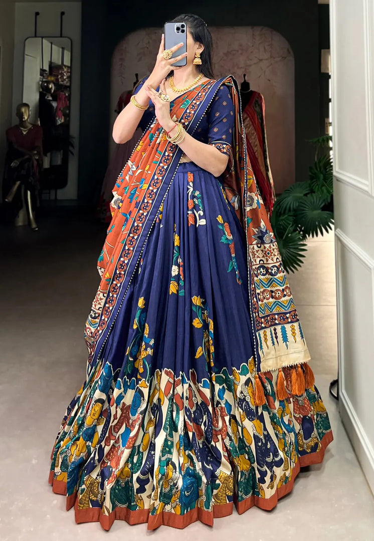 Navy Blue Tussar Silk Circular Lehenga Choli