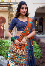 Load image into Gallery viewer, Navy Blue Tussar Silk Circular Lehenga Choli
