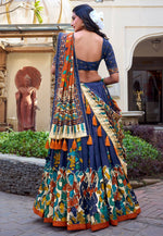 Load image into Gallery viewer, Navy Blue Tussar Silk Circular Lehenga Choli
