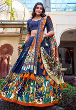Load image into Gallery viewer, Navy Blue Tussar Silk Circular Lehenga Choli
