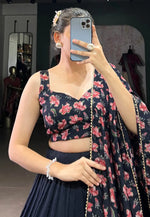 Load image into Gallery viewer, Navy Blue Tussar Silk Floral Lehenga choli
