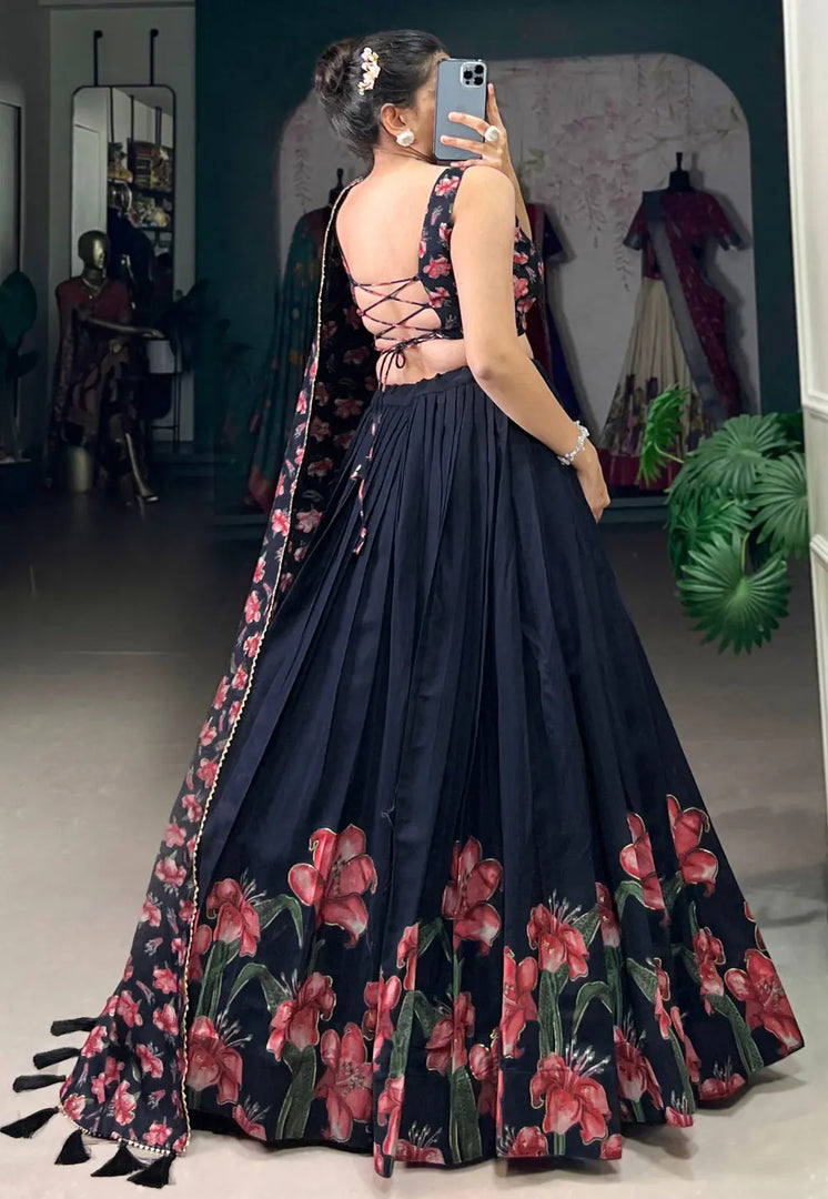 Navy Blue Tussar Silk Floral Lehenga choli
