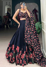 Load image into Gallery viewer, Navy Blue Tussar Silk Floral Lehenga choli
