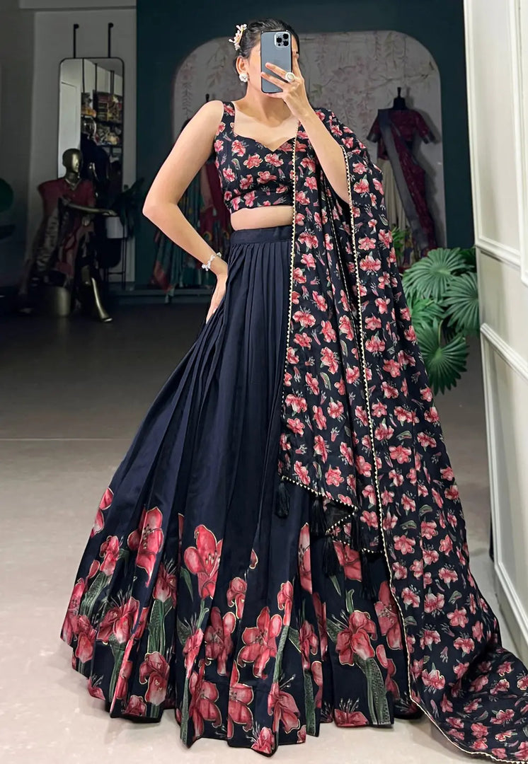 Navy Blue Tussar Silk Floral Lehenga choli