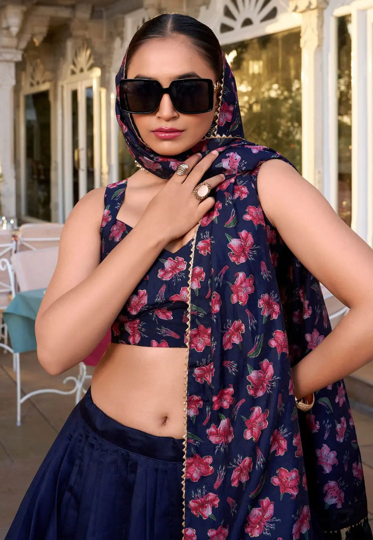 Navy Blue Tussar Silk Floral Lehenga choli