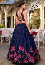 Load image into Gallery viewer, Navy Blue Tussar Silk Floral Lehenga choli
