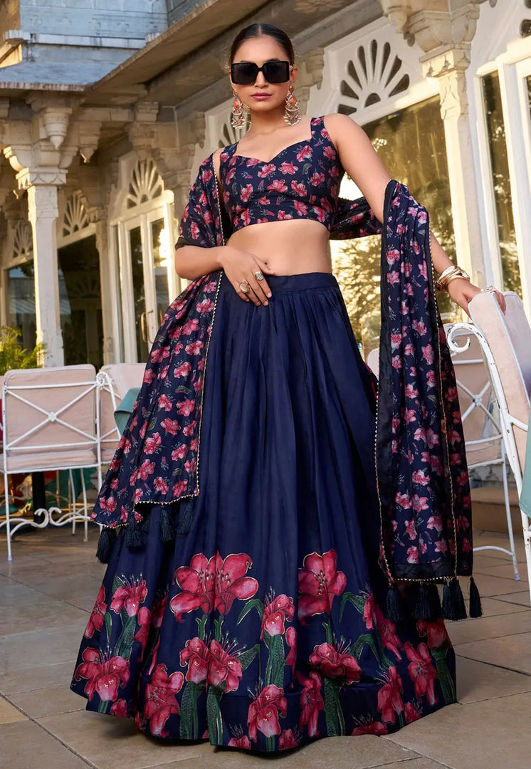 Navy Blue Tussar Silk Floral Lehenga choli