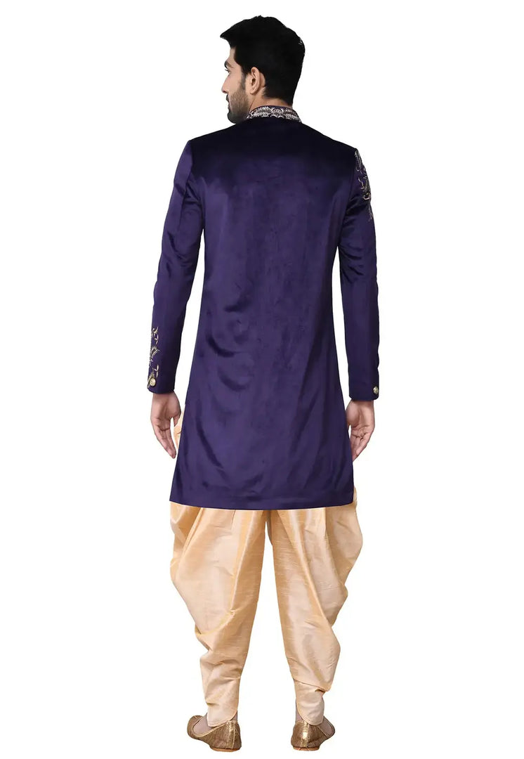 Navy Blue Velvet Dhoti Sherwani