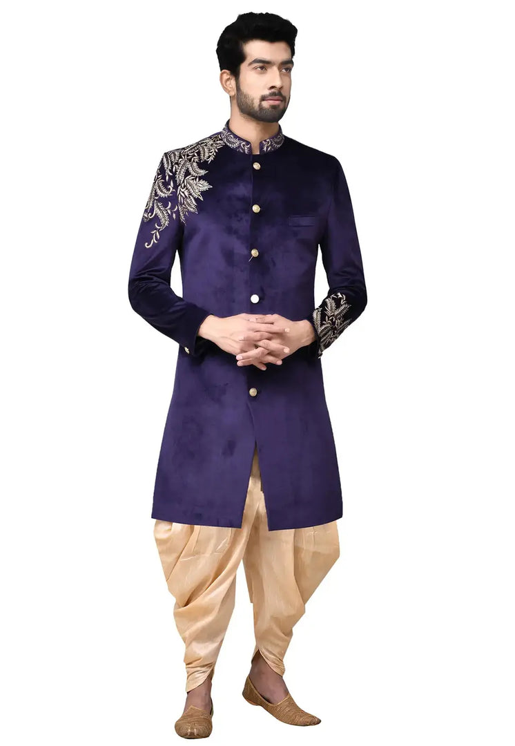 Navy Blue Velvet Dhoti Sherwani