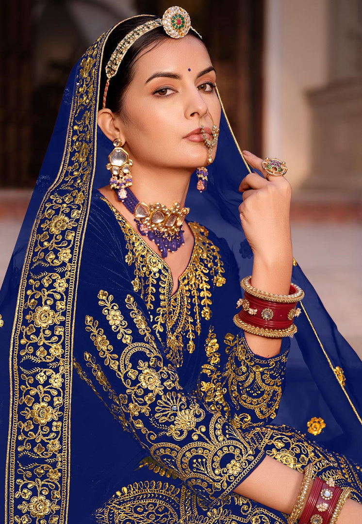 Navy Blue Velvet Floor Length Anarkali Suit