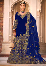 Load image into Gallery viewer, Navy Blue Velvet Floor Length Anarkali Suit
