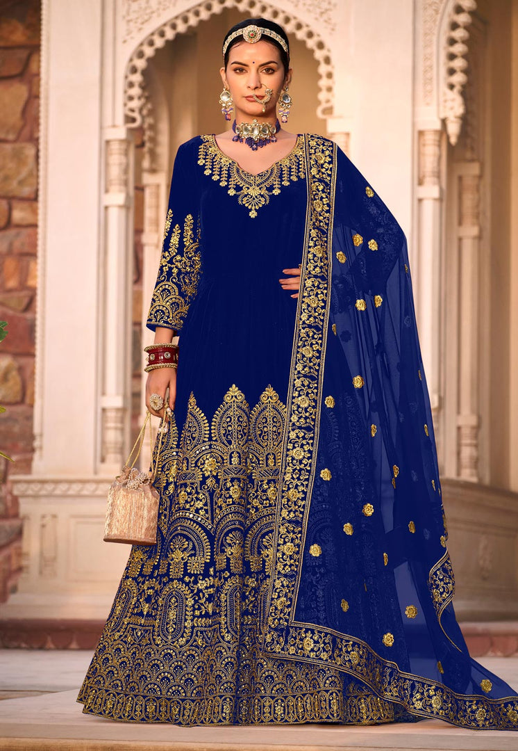 Navy Blue Velvet Floor Length Anarkali Suit