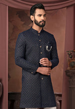 Load image into Gallery viewer, Navy Blue Velvet Indo Western Sherwani
