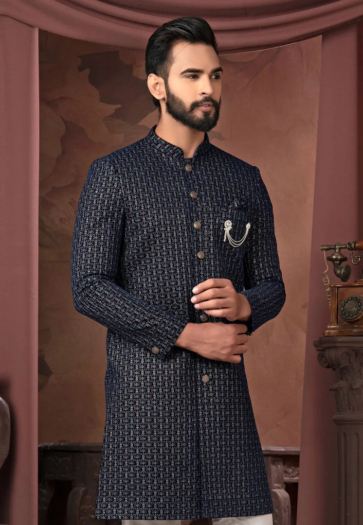 Navy Blue Velvet Indo Western Sherwani