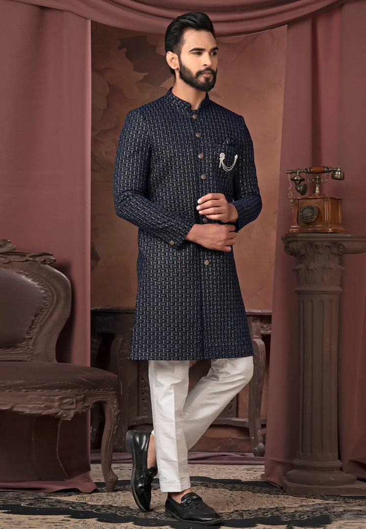 Navy Blue Velvet Indo Western Sherwani