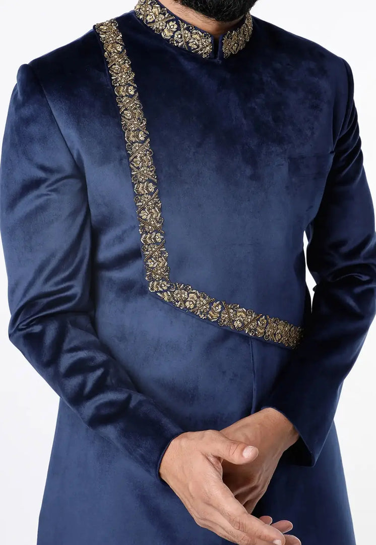 Navy Blue Velvet Indo Western Sherwani