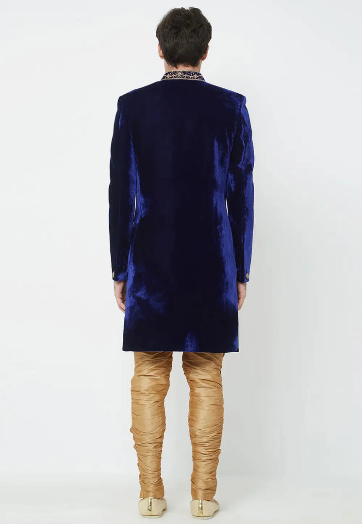 Navy Blue Velvet Indo Western Sherwani