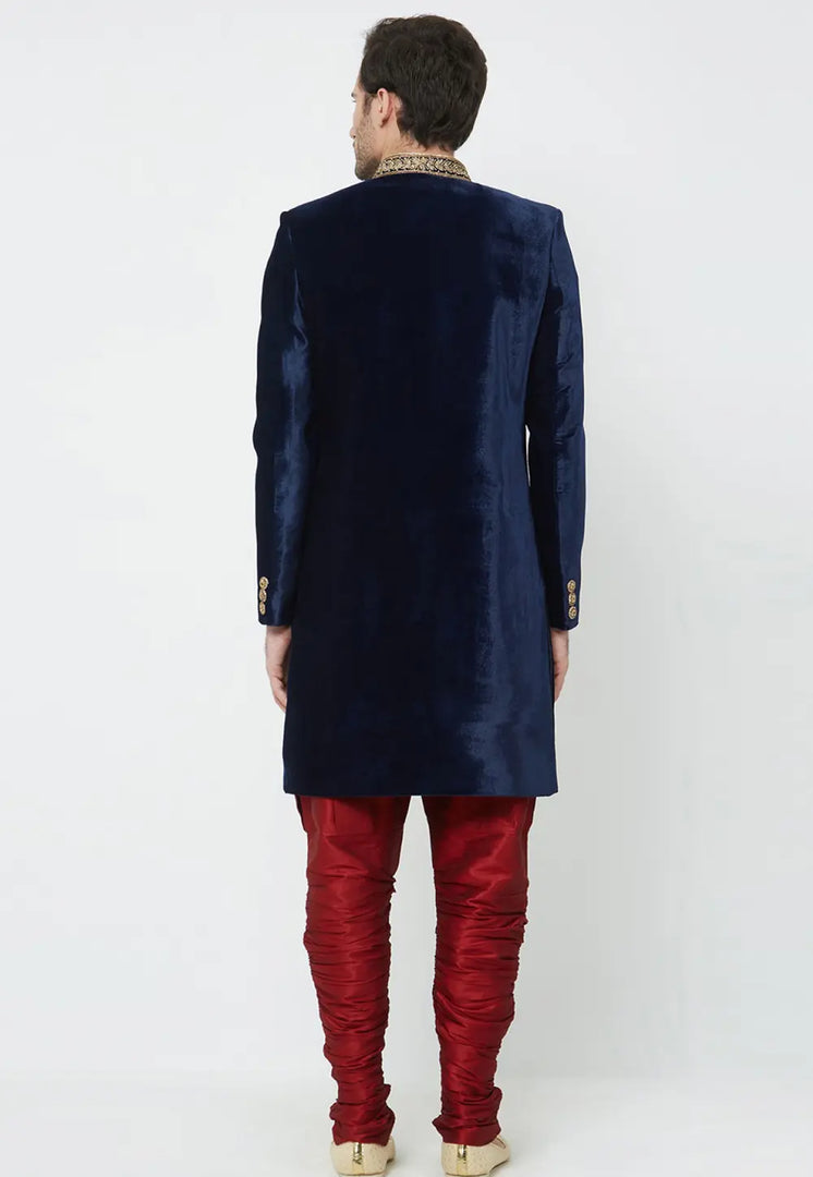 Navy Blue Velvet Indo Western Sherwani