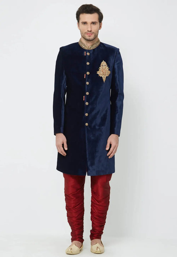 Navy Blue Velvet Indo Western Sherwani