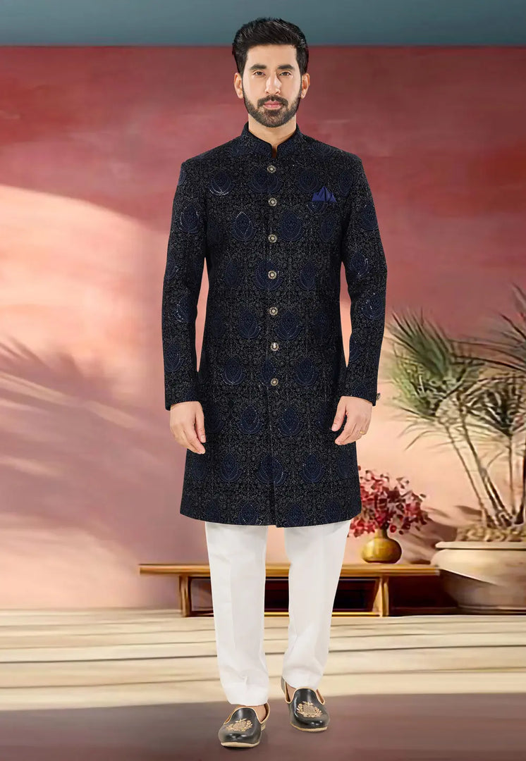 Navy Blue Velvet Indo Western Sherwani