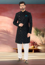 Load image into Gallery viewer, Navy Blue Velvet Indo Western Sherwani
