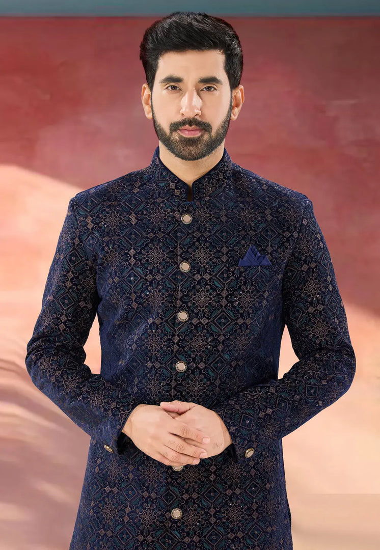 Navy Blue Velvet Indo Western Sherwani