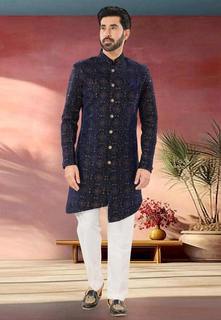 Navy Blue Velvet Indo Western Sherwani