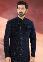 Load image into Gallery viewer, Navy Blue Velvet Indo Western Sherwani
