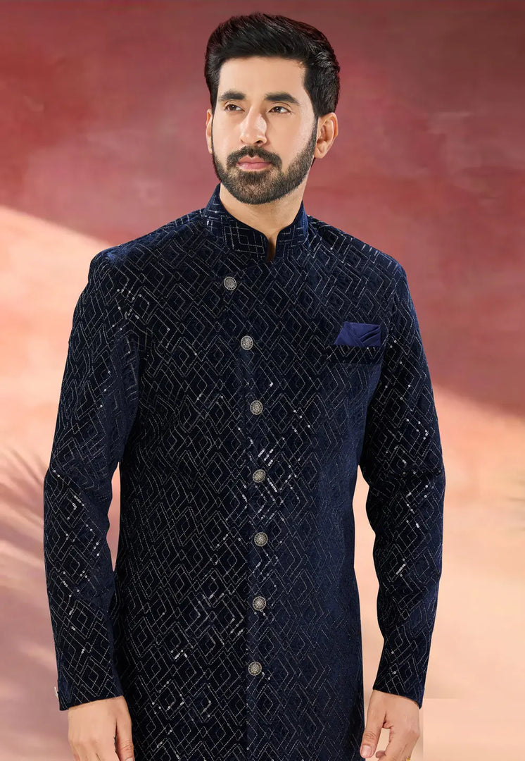 Navy Blue Velvet Indo Western Sherwani