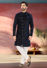Load image into Gallery viewer, Navy Blue Velvet Indo Western Sherwani

