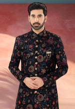 Load image into Gallery viewer, Navy Blue Velvet Indo Western Sherwani
