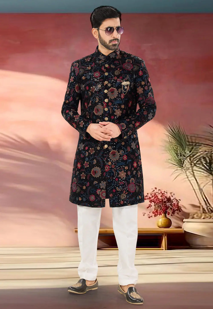Navy Blue Velvet Indo Western Sherwani