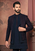 Load image into Gallery viewer, Navy Blue Velvet Indo Western Suit
