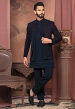 Load image into Gallery viewer, Navy Blue Velvet Indo Western Suit
