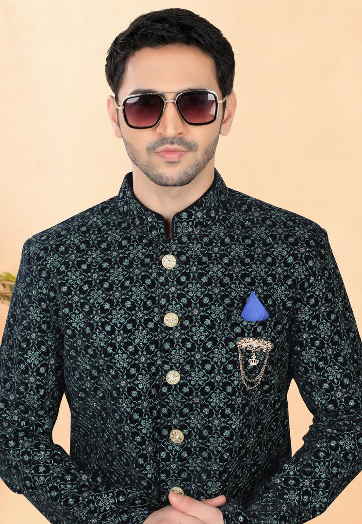 Navy Blue Velvet Indo Western Suit