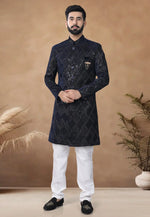Load image into Gallery viewer, Navy Blue Velvet Indo Western Suit
