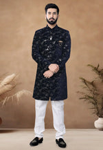 Load image into Gallery viewer, Navy Blue Velvet Indo Western Suit
